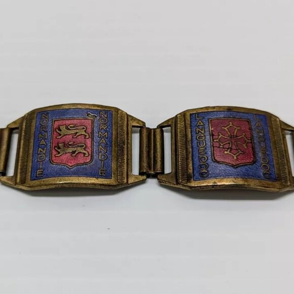 Vintage Souvenir BRACELET Enamel Coat Arms Regions WWII FRANCE PARIS NORMANDIE - Picture 3 of 5
